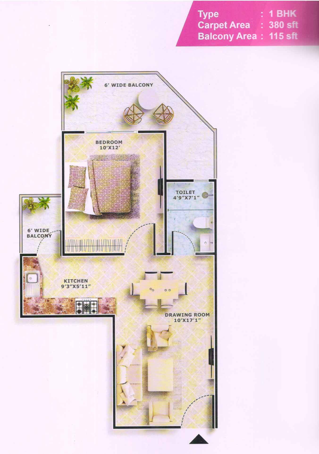 FLOOR PLAN 1 BHK - 380 sq.ft.