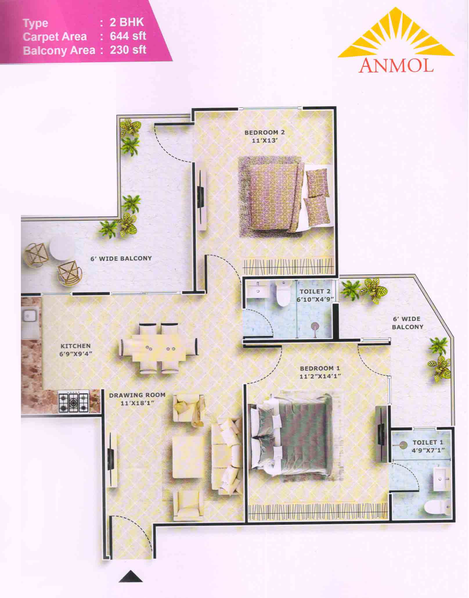 FLOOR PLAN 2bhk 644 sq.ft