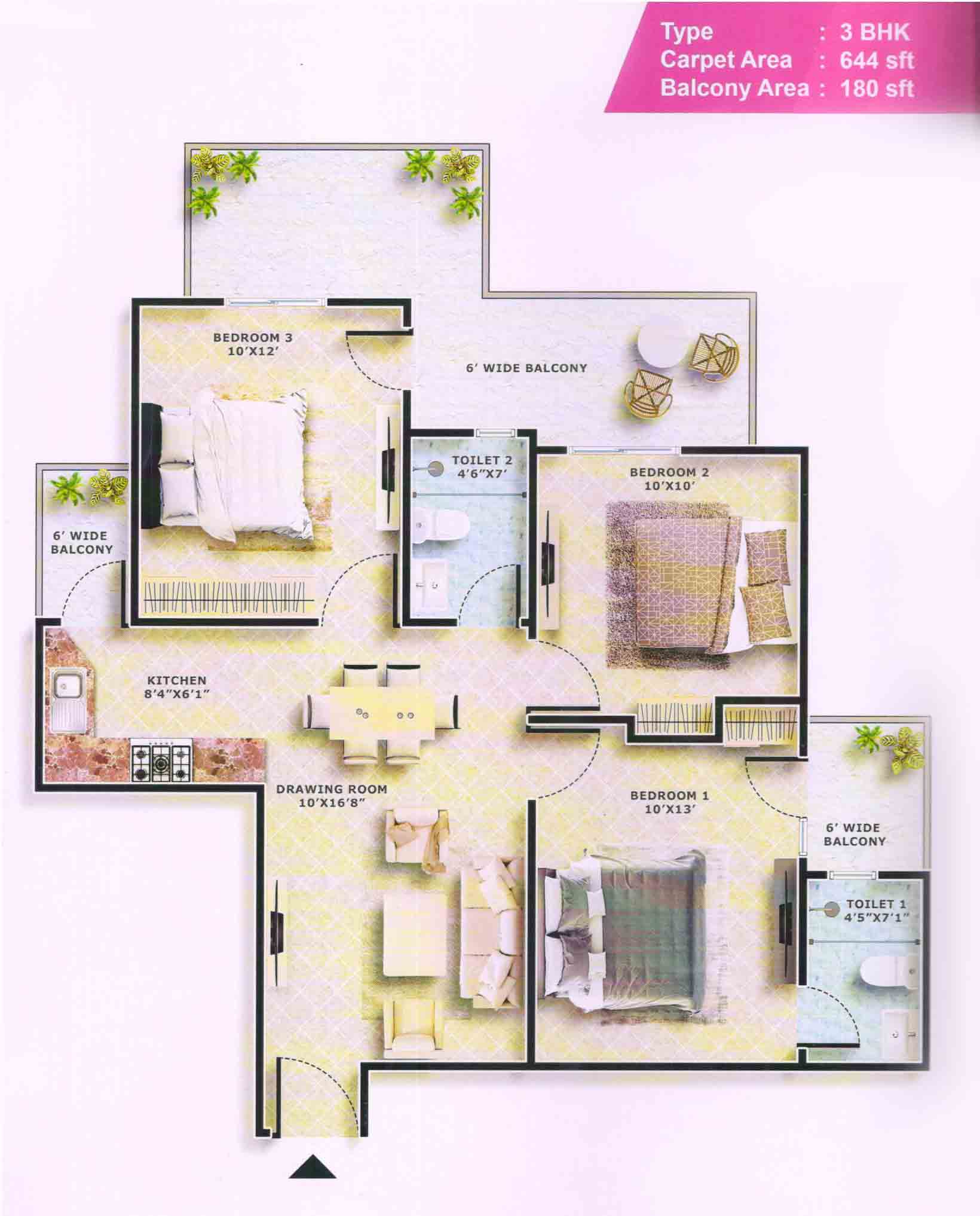 FLOOR PLAN 3 bhk 644sq.ft)